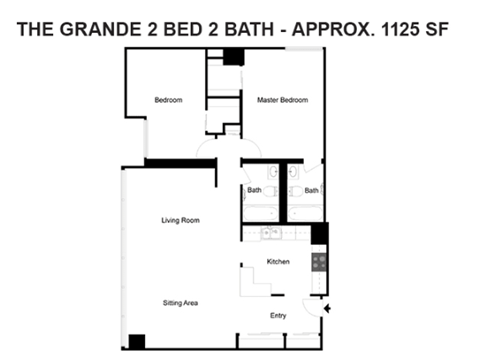 A floor plan of a 2 bedroom, 2 bathroom apartment.